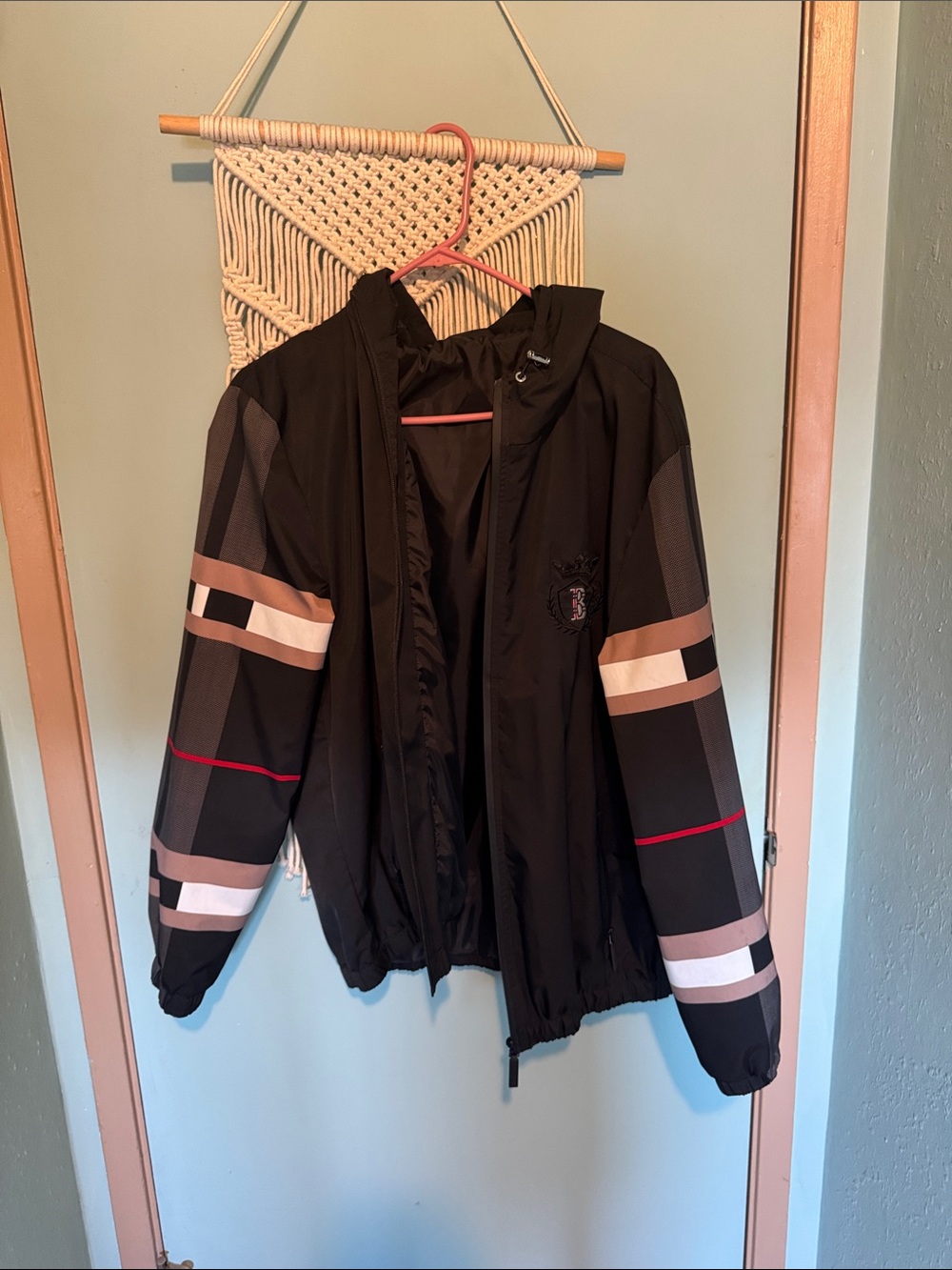 Burberry Black Hooded Lightweight Jacket with Tan & White Stripes
